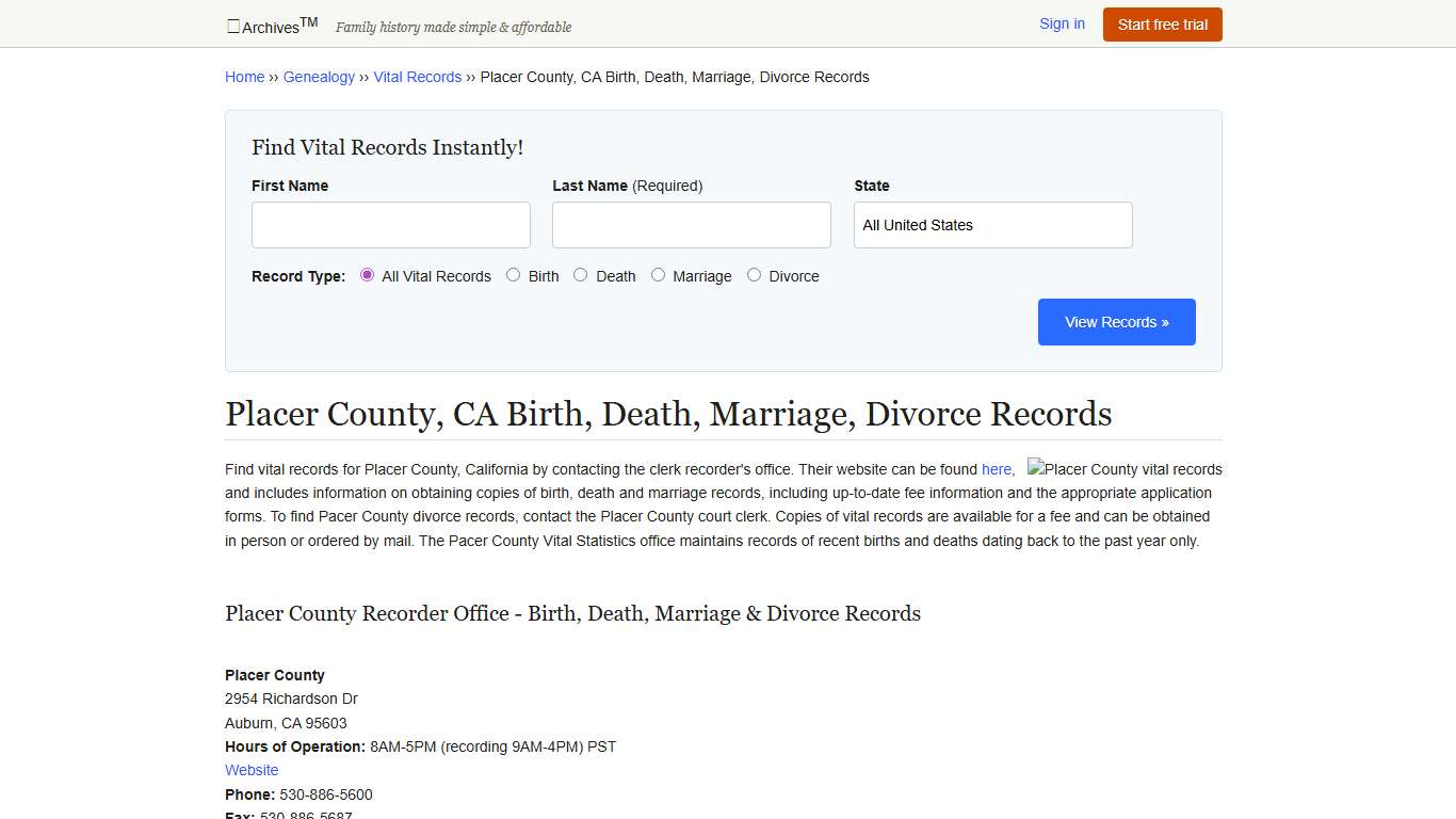 Placer County, CA Birth, Death, Marriage, Divorce Records