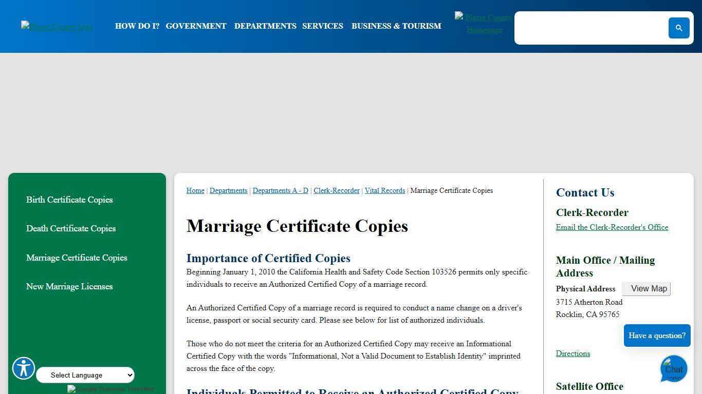 Marriage Certificate Copies | Placer County, CA