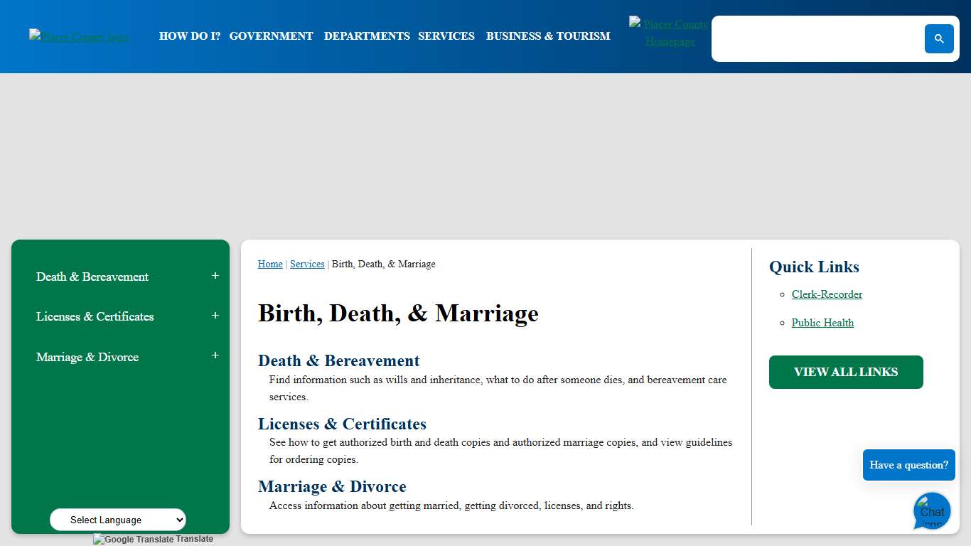 Birth, Death, & Marriage | Placer County, CA