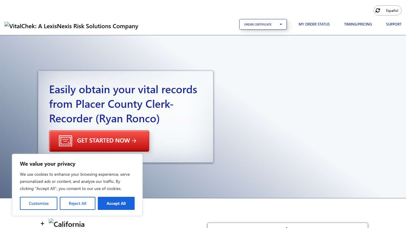 Placer County Clerk-Recorder (Ryan Ronco) (CA) | Order Certificates - VitalChek